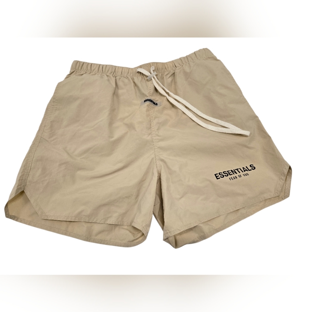 Fear Of God Essentials Shorts Mens Medium Beige Logo Elastic Waist Cotton Nylon